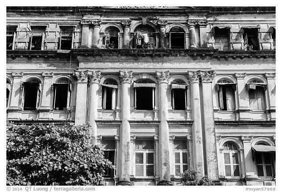 Facade of colonial-area building. Yangon, Myanmar (black and white)