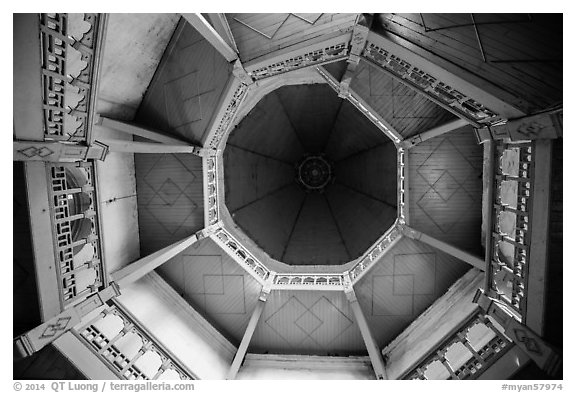 Looking up tower ceiling in colonial-area building. Yangon, Myanmar (black and white)