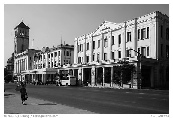 Strand Hotel and Yangon Port Authority. Yangon, Myanmar (black and white)