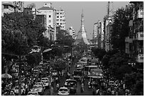 Street with busy traffic leading to Sule Pagoda. Yangon, Myanmar ( black and white)