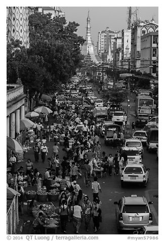 Open air market and Sule Pagoda. Yangon, Myanmar (black and white)