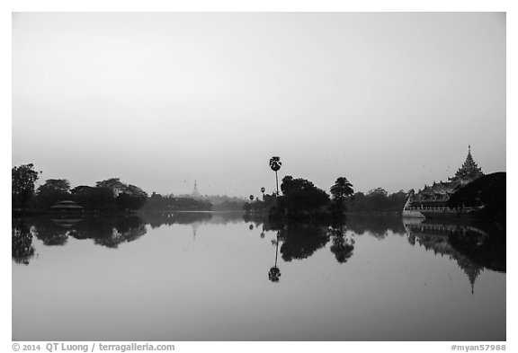 Royal Lake with Shwedagon Pagoda and Karawek barge. Yangon, Myanmar (black and white)