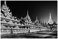 Southern zaungdan and Main Chedi at night, Shwedagon Pagoda. Yangon, Myanmar ( black and white)
