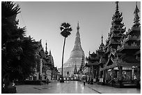 Buddha Footprint Hall and main stupa at dawn, Shwedagon Pagoda. Yangon, Myanmar ( black and white)