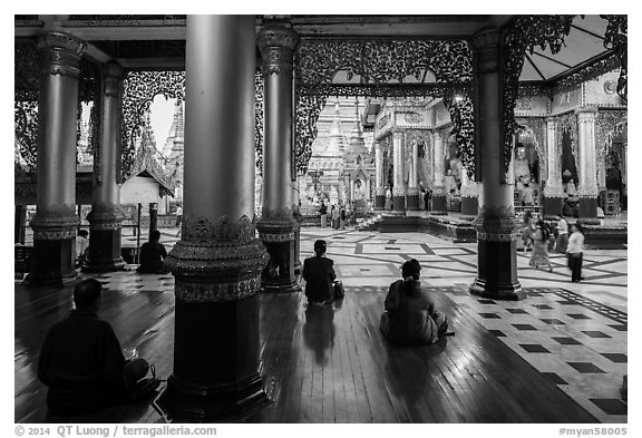 Platform seen from prayer hall, Shwedagon Pagoda. Yangon, Myanmar (black and white)