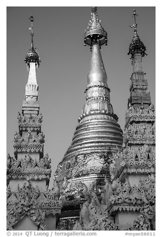 Detail of spires capped with unbrellas, Shwedagon Pagoda. Yangon, Myanmar (black and white)