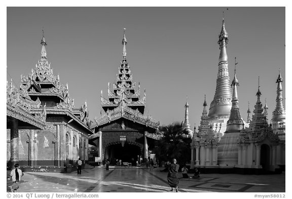 Northern stairway, pavillions, and stupas, Shwedagon Pagoda. Yangon, Myanmar (black and white)