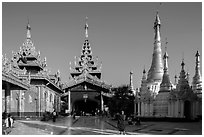 Northern stairway, pavillions, and stupas, Shwedagon Pagoda. Yangon, Myanmar ( black and white)