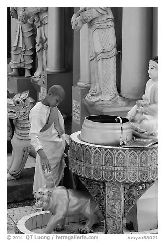 Nun pouring water at planetary post. Yangon, Myanmar (black and white)