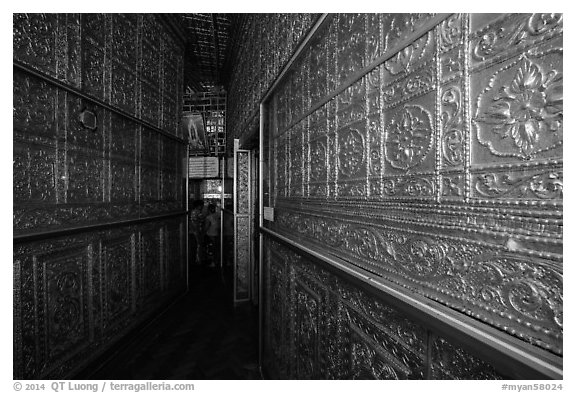 Mirrored maze-like walkway inside Botataung Pagoda. Yangon, Myanmar (black and white)