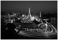 Traffic circle around Sule Pagoda at dusk. Yangon, Myanmar ( black and white)