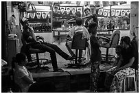 Barbershop at night. Yangon, Myanmar ( black and white)