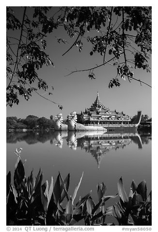 Karawiek Hall, replica of Pyigyimon royal barge on Kandawgyi Lake. Yangon, Myanmar (black and white)
