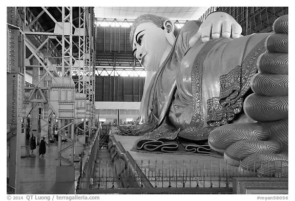 229-feet long reclining Buddha statue, Kyaukhtatgyi Pagoda. Yangon, Myanmar (black and white)