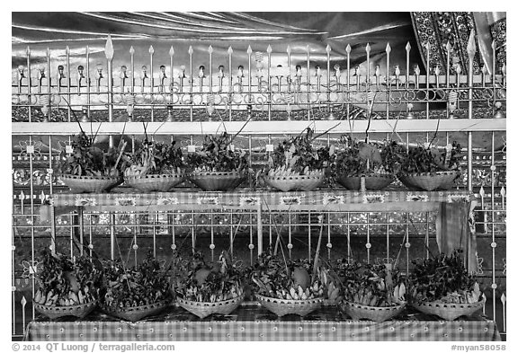 Baskets of fruit offerings, Chauk Htat Kyi Pagoda. Yangon, Myanmar (black and white)