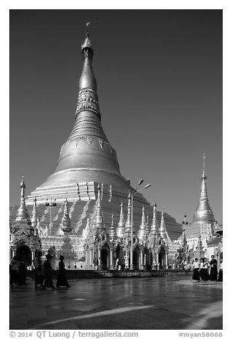 Main chedi and platform, Shwedagon Pagoda. Yangon, Myanmar (black and white)