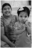 Girl and mother, Shwedagon Pagoda. Yangon, Myanmar ( black and white)