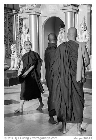 Monks on platform, Shwedagon Pagoda. Yangon, Myanmar (black and white)