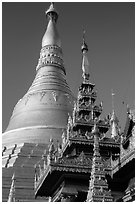 Roof of shrine and main spire, Shwedagon Pagoda. Yangon, Myanmar ( black and white)