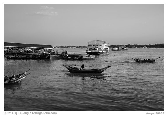 Yangon River at Sinodan pier. Yangon, Myanmar (black and white)