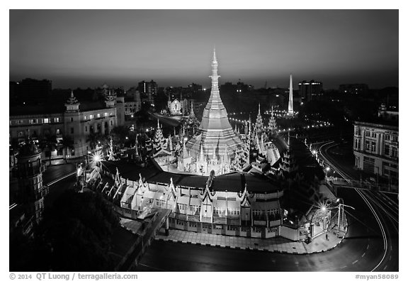 City Hall, Sule Pagoda, and Independence Monument at dawn. Yangon, Myanmar (black and white)