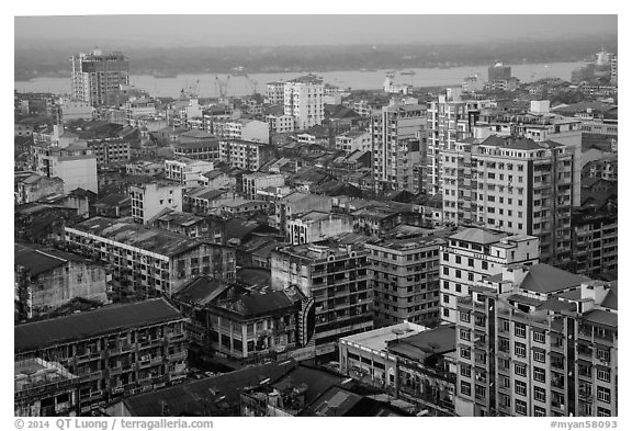 Indian quarter and Yangon River from above. Yangon, Myanmar (black and white)