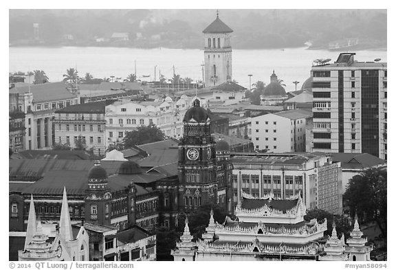 Colonial buildings and Yangon River from above. Yangon, Myanmar (black and white)