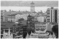 Colonial buildings and Yangon River from above. Yangon, Myanmar ( black and white)
