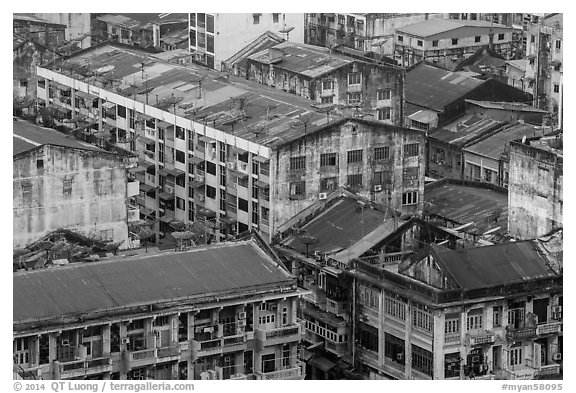 Old appartment buildings from above. Yangon, Myanmar (black and white)