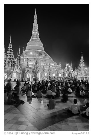 Golden dome seen from the Victory Ground at night, Shwedagon Pagoda. Yangon, Myanmar (black and white)