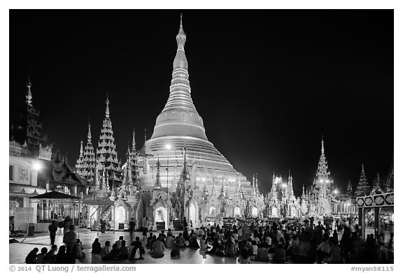 Praying from the Victory Ground, Shwedagon Pagoda, night. Yangon, Myanmar (black and white)