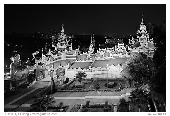 South stairwaygate from above at night, Shwedagon Pagoda. Yangon, Myanmar (black and white)