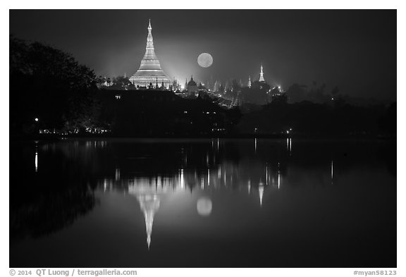 Moonset over Shwedagon Pagoda and Kandawgyi Lake. Yangon, Myanmar (black and white)
