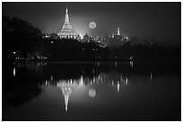 Moonset over Shwedagon Pagoda and Kandawgyi Lake. Yangon, Myanmar ( black and white)