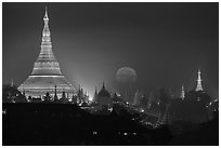 Moonset over Shwedagon Pagoda. Yangon, Myanmar ( black and white)
