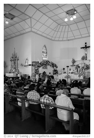 Inside church with wedding in progress. Yangon, Myanmar (black and white)