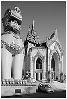 Western Stairway entrance guarded by chinthes. Yangon, Myanmar ( black and white)