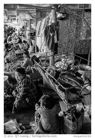 Infant sleeping in cradle in Nyaung U market. Bagan, Myanmar (black and white)