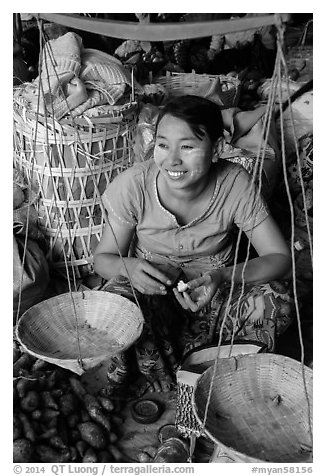 Vendor and scale, Nyaung U market. Bagan, Myanmar (black and white)