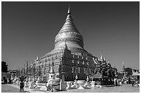 Circular gold leaf-gilded stupa, Shwezigon Pagoda. Bagan, Myanmar ( black and white)
