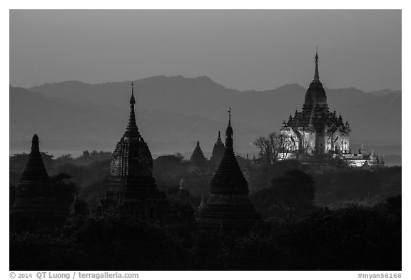 Temples seen from Shwesandaw at dusk. Bagan, Myanmar (black and white)