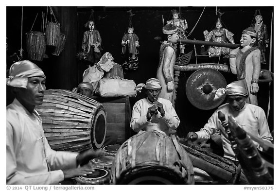 Traditional Musicians during puppet show. Bagan, Myanmar (black and white)