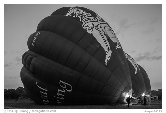 Hot air balloons being inflated. Bagan, Myanmar (black and white)
