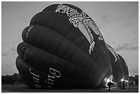 Hot air balloons being inflated. Bagan, Myanmar ( black and white)