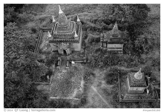 Temple seen from the air. Bagan, Myanmar (black and white)