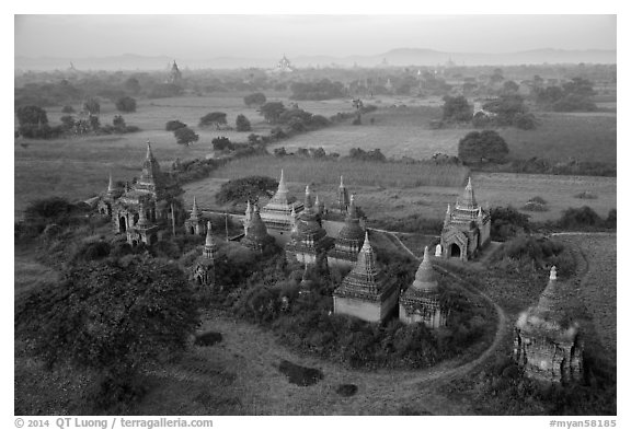 Aerial view of a complex of temples. Bagan, Myanmar (black and white)