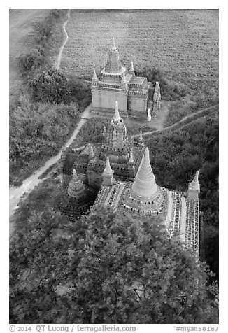 Small temple complex seen from above. Bagan, Myanmar (black and white)