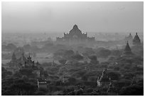 Aerial view of ancient temples in sunrise mist. Bagan, Myanmar ( black and white)