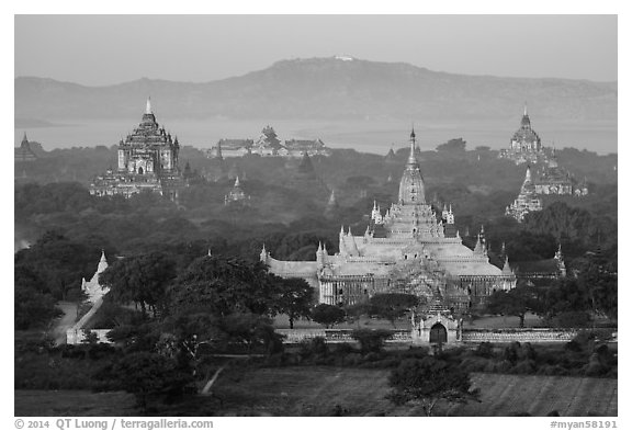 Aerial view of Ananda temple. Bagan, Myanmar (black and white)
