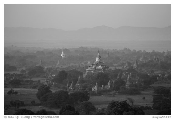 Aerial view of Bagan archeological site. Bagan, Myanmar (black and white)